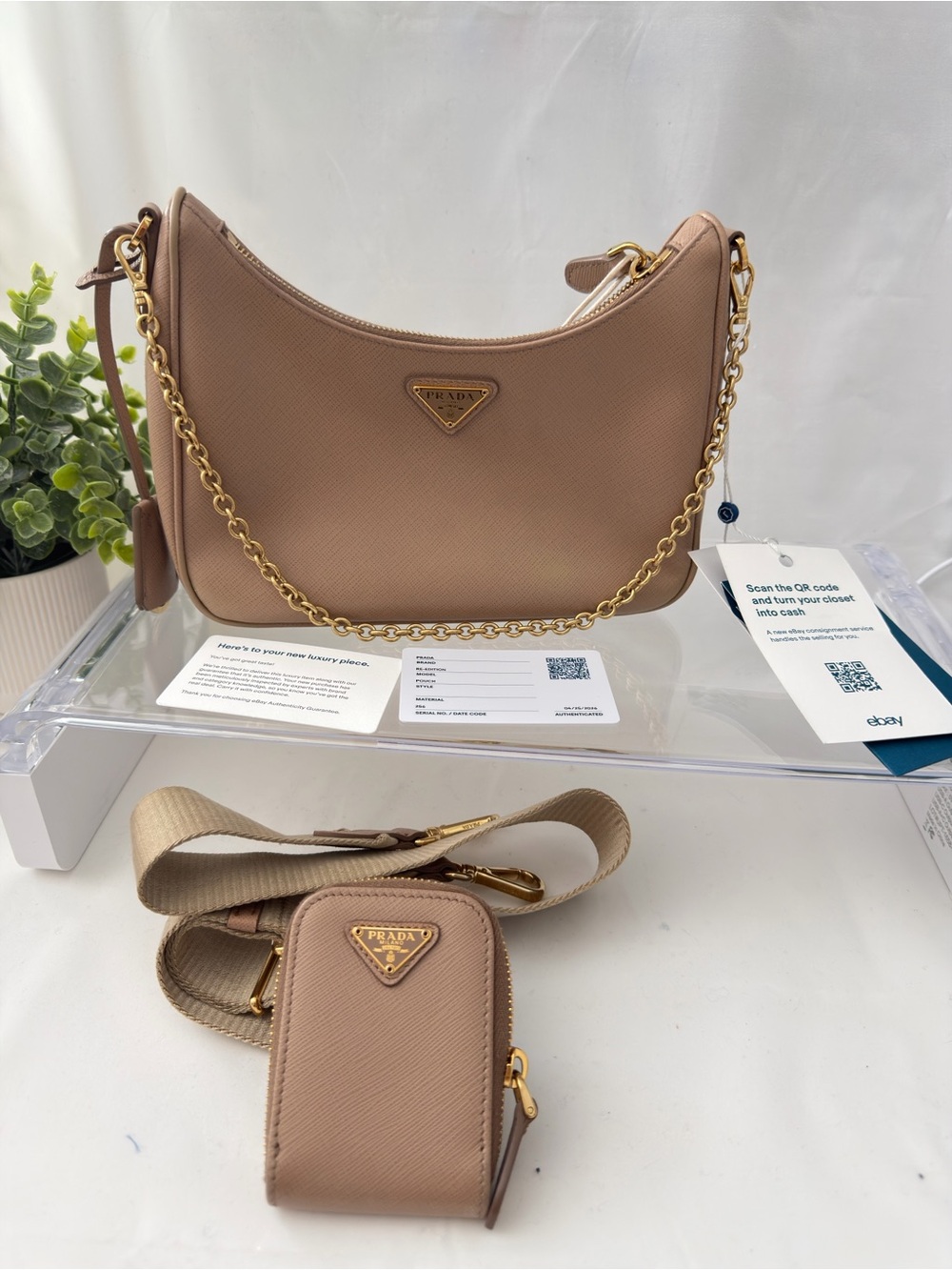 Prada Taupe Saffiano Crescent Shoulder Bag with Chain & Mini Pouch